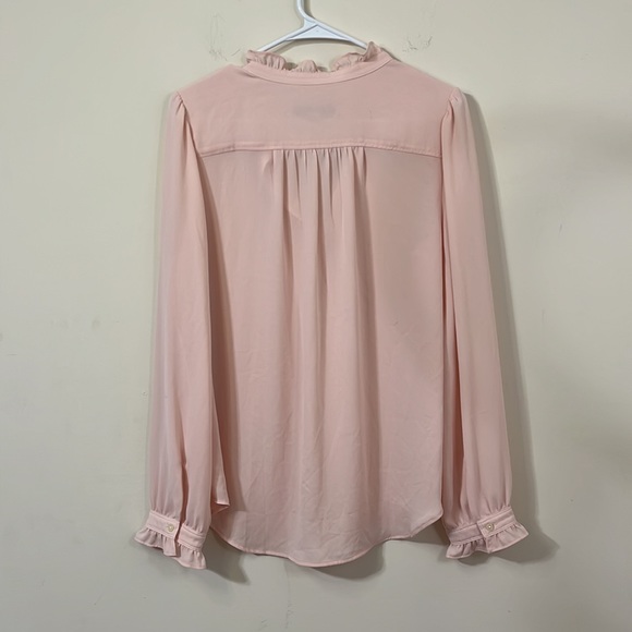 LOFT Ruffle Neck Smocked Cuffs Pale Pink Semi Sheer Blouse M - Picture 8 of 8